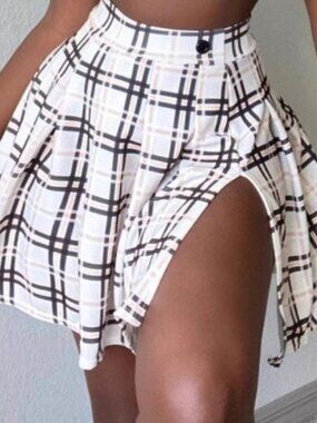 White And Black Tartan Plaid Side Split Pleated Circle Skirt Women's Size XL